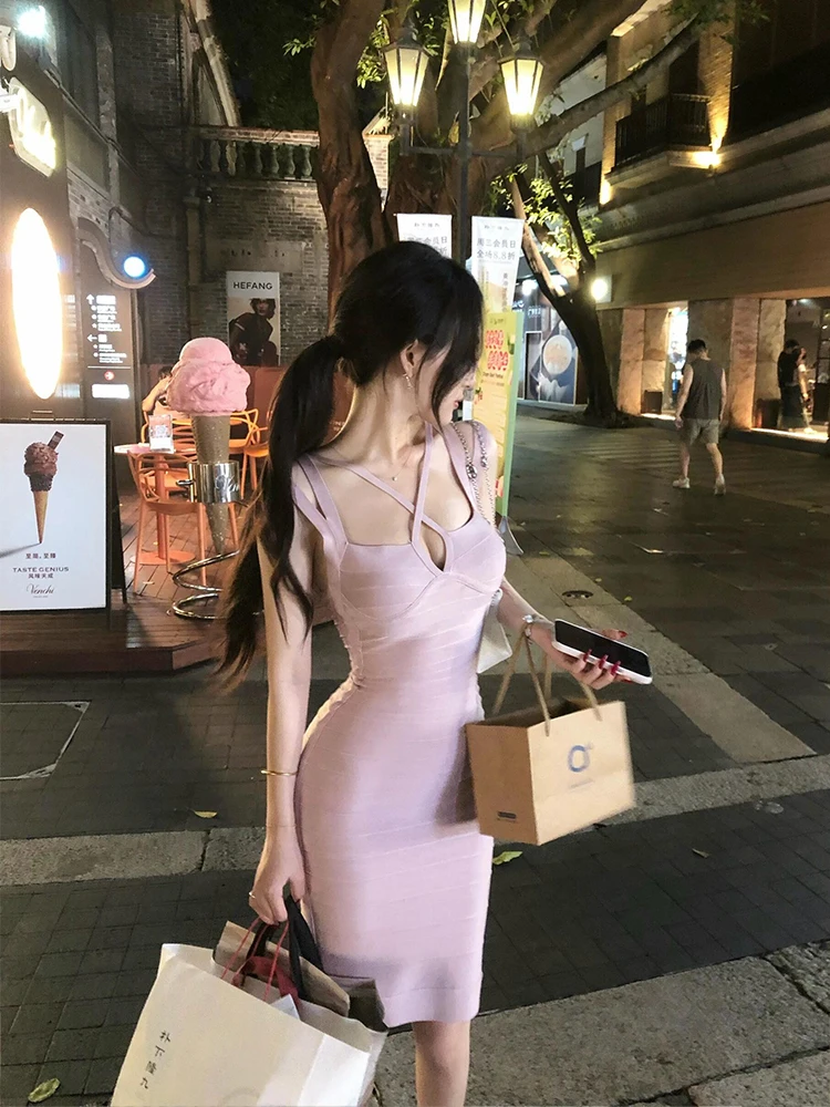 

Slimming Cross-Bandage Dress Women's Summer Sexy Short Skirt High Waist Bodycon Dress Hollow out Strapless Citywalk Dress