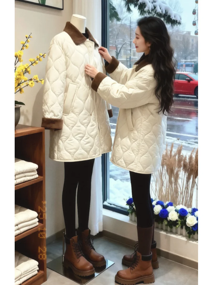 

Warm Cotton Jacket Women's Mid-Length Loose Bread Style Outerwear Korean Version Thickened Winter Coat Collar Zipper Clo...