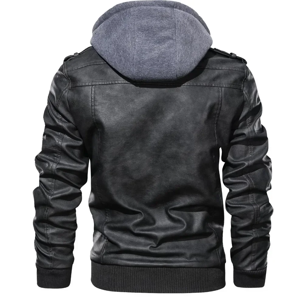 Autumn Detachable Hat Casual Leather Clothing Biker Leather Jacket Men Zipper Pu Jacket Hooded Autumn Locomotive Coat