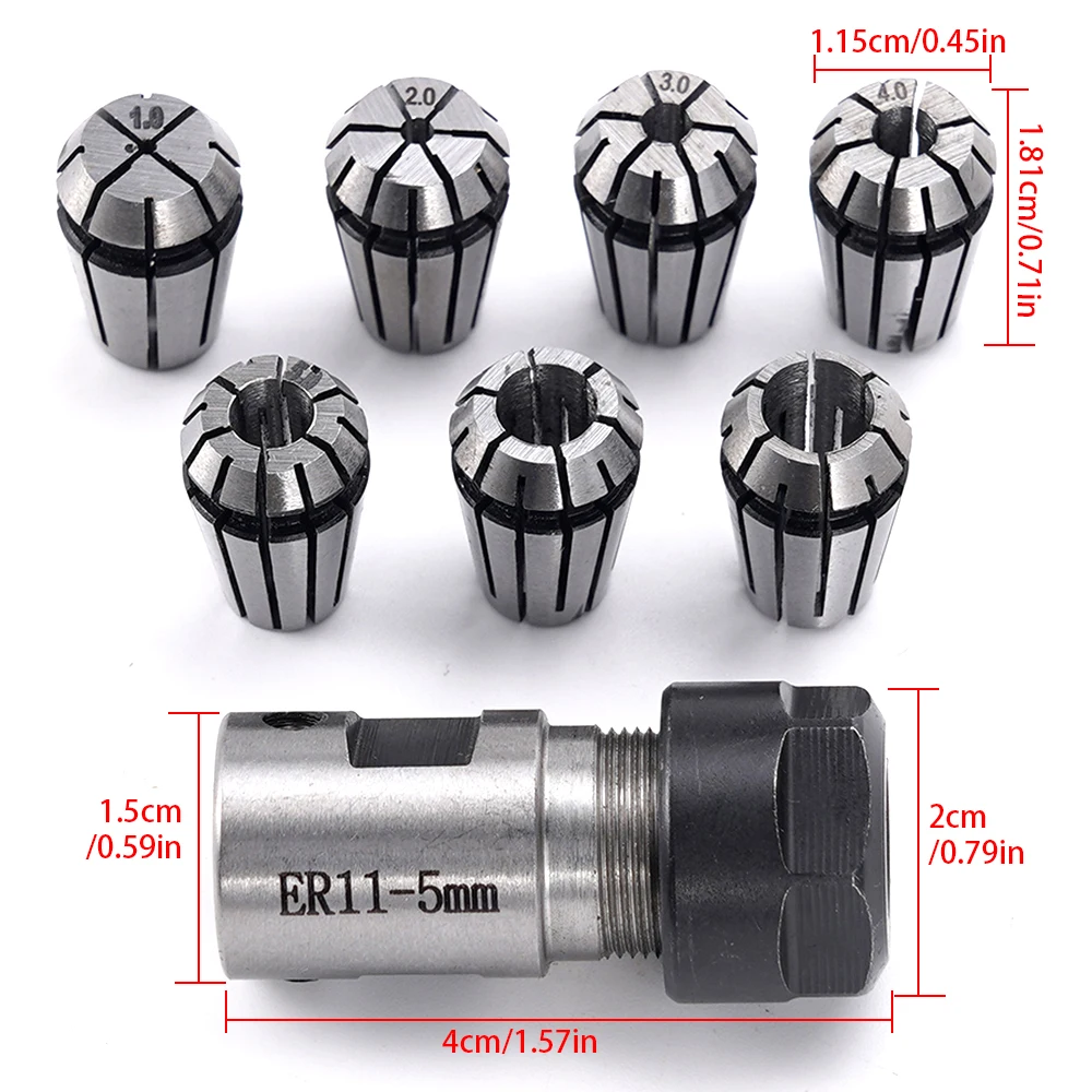 8 개/대 ER11A 5mm 모터 언너 직경 연장로드 + 7x1mm-7mm ER11 밀링 스프링 척 샤프트 홀더 CNC 선반 조각 용