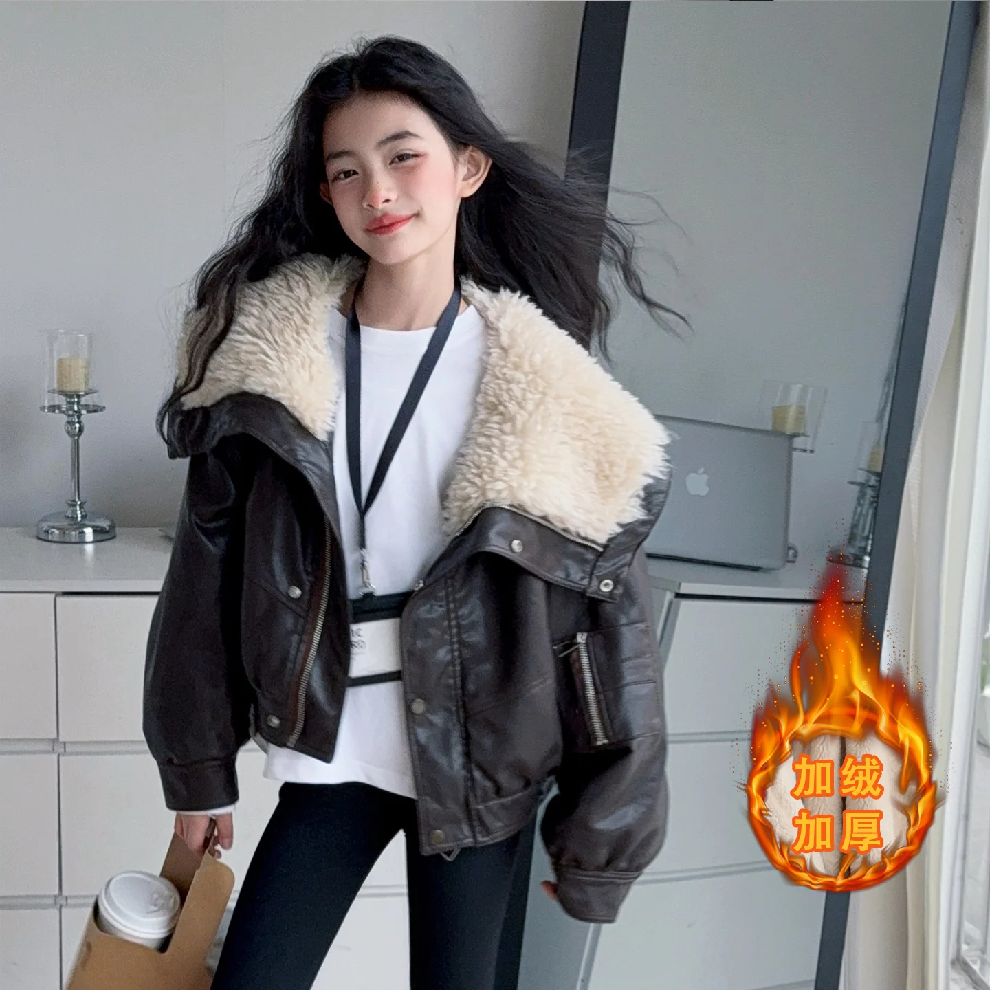 

Autumn Winter New in Collar Warm Girls Short Top Casual Loose Zipper Thick Commuting Style Leather Jackets for Children Age 4-14
