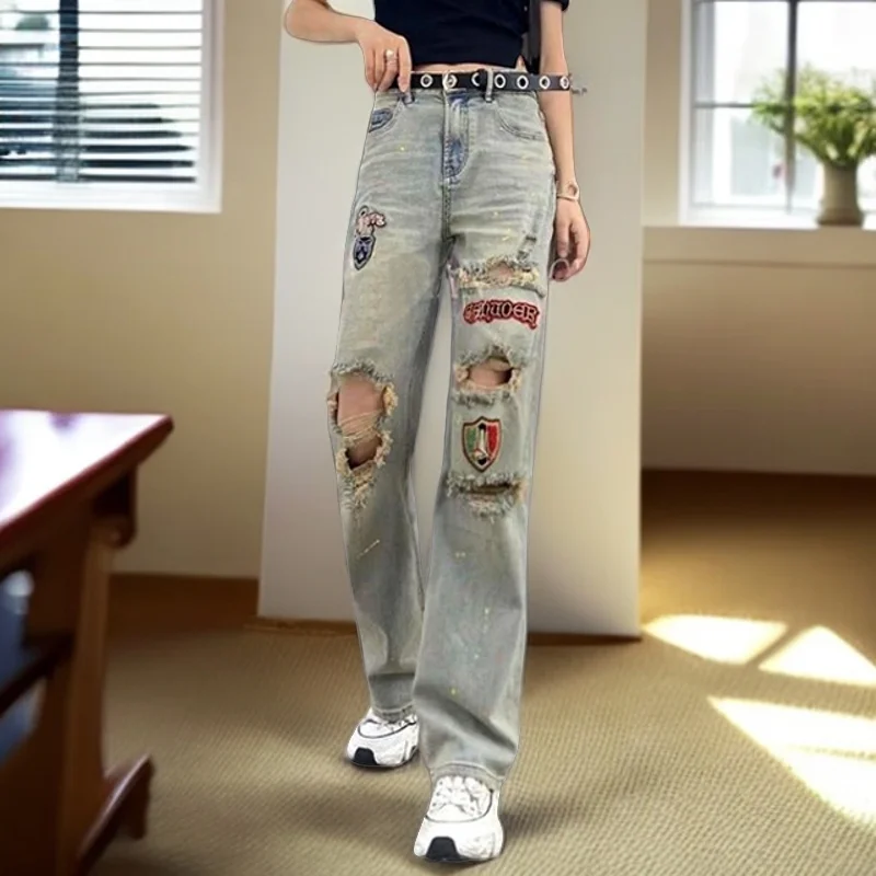 Luxus Marken Hohe Qualität Frau 2025, Sommer Neue Brief Stickerei Zerrissene Jeans frauen Hohe Taille Dünne Design Gerade Hosen