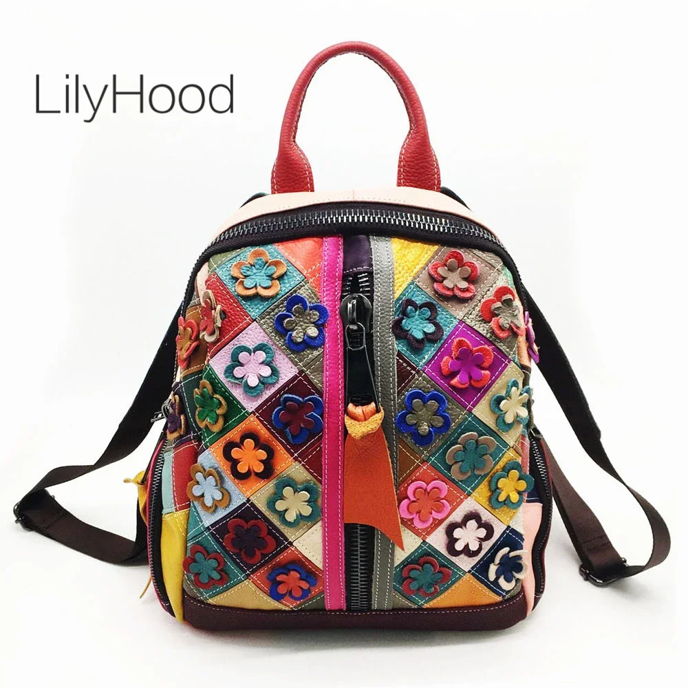 Female Genuine Leather Floral Patchwork Multi Color Backpack Travel Holiday Hippie Gypsy Ibiza College Laptop Daily Work Bagpack