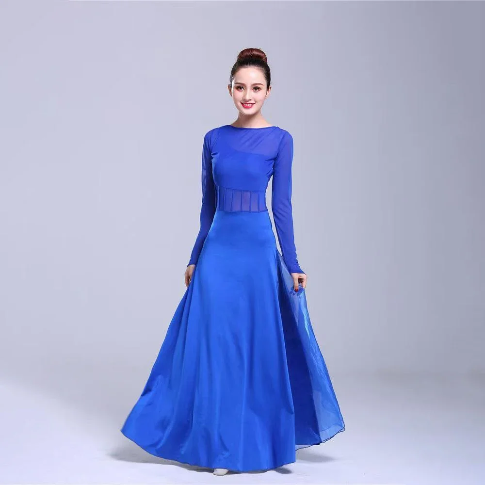 

Stage Performance Dance Costume Women Long Sleeve Blue Ballroom Competition Dance Stage Outfit