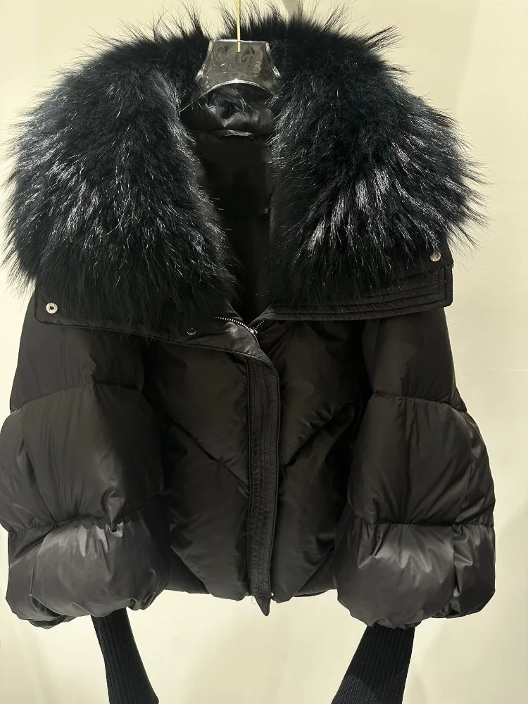

Reality Fur Coat New Winter Large Real Fur Puffer Jacket Women White Duck Down jacket Mid Long Parka Thick Warm Knitted Sleeve