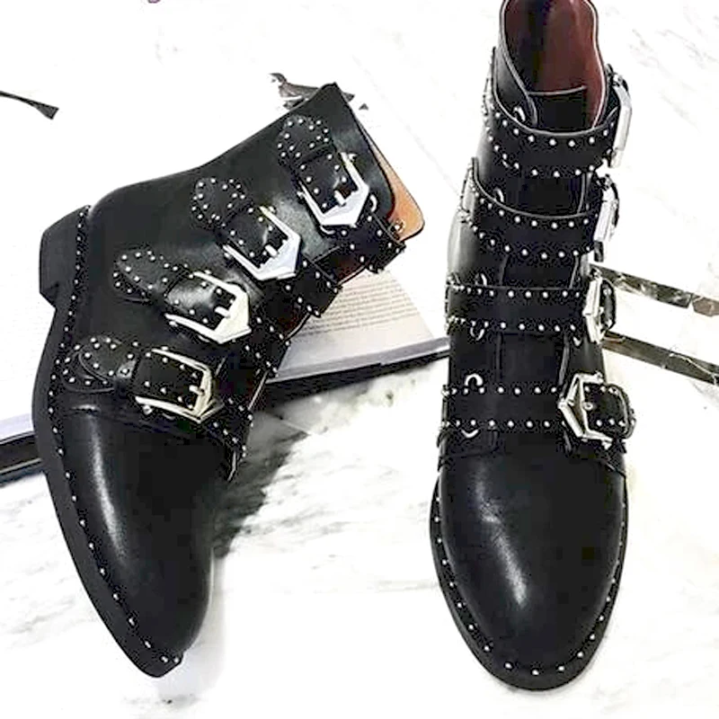 

Punk style Rivets Straps Belt Buckle Ankle boots Cow Leather Rivets sole Green Suede Woman Motorcycle Boots