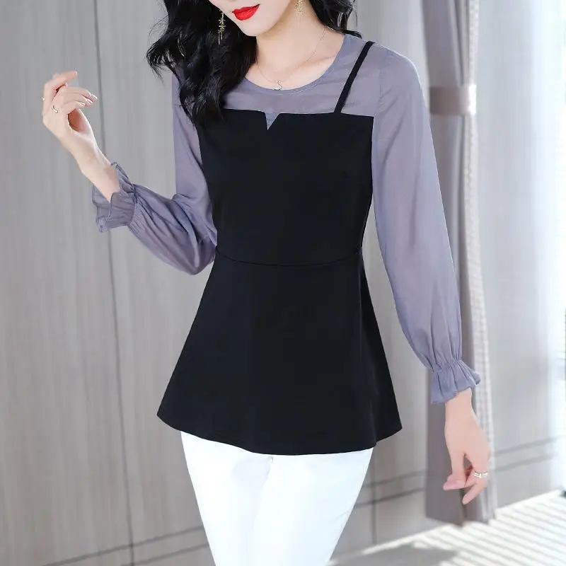 Female Clothing Commute Solid Color Patchwork Blouse Spring Autumn Long Sleeve Fashion Korean Round Neck Slim All-match Shirt