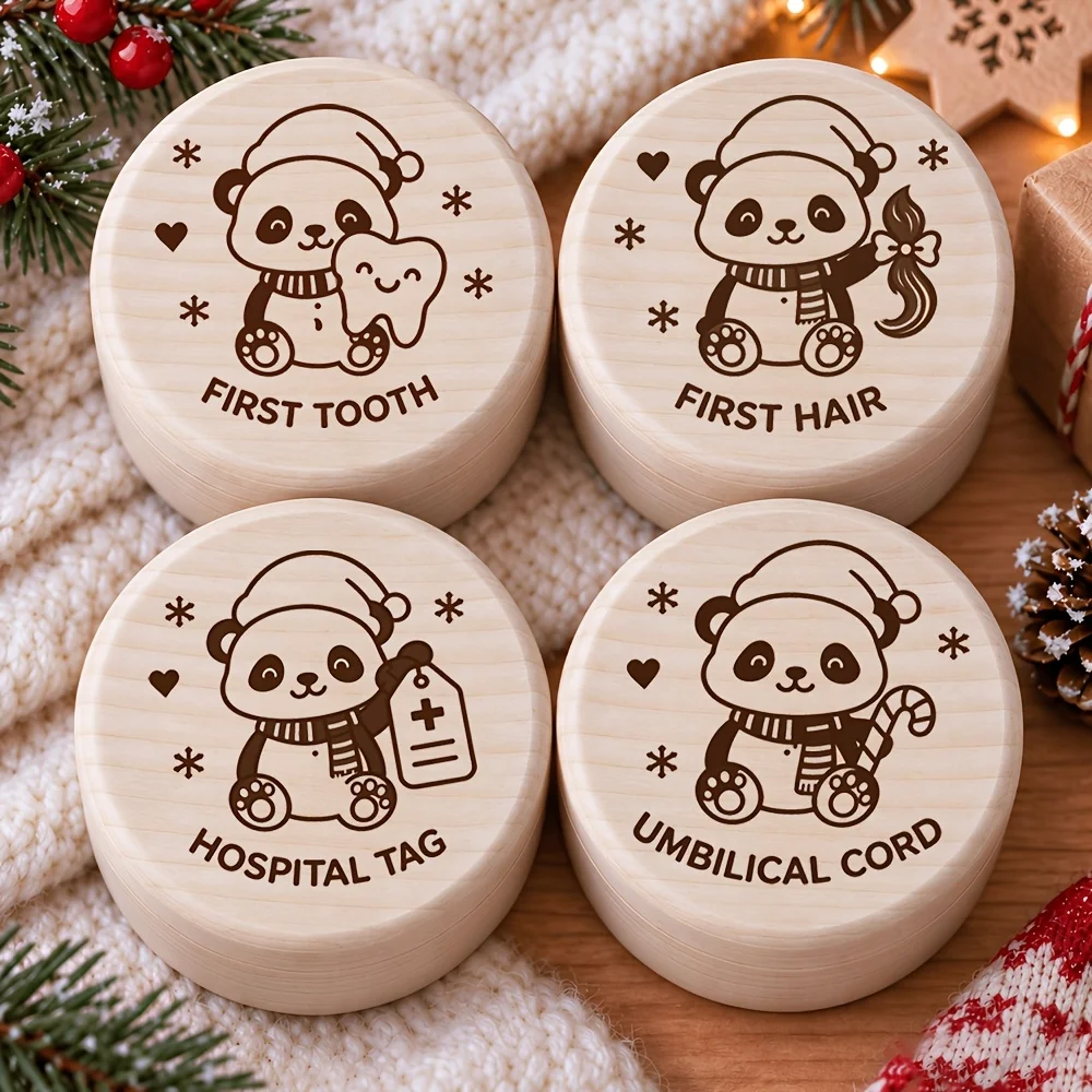 Christmas Panda Pattern 2D Wooden Storage Box Baby's First Tooth And Haircut Keepsake Box Newborn And Pregnant Women Souvenir