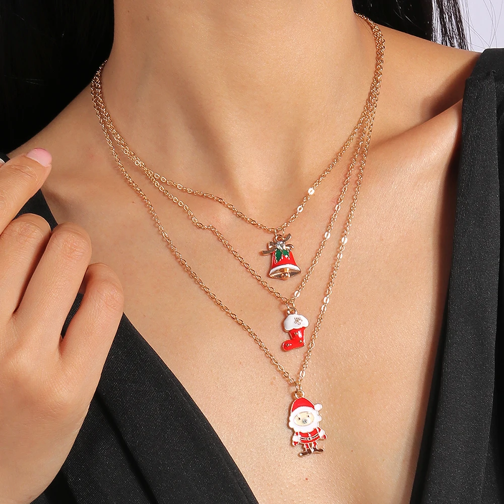 Aihua 3pcs4pcs Weihnachten Halsketten Emaille Weihnachtsbaum Glocke Santa Schneeflocke Halskette Anhänger für Frauen Geschenke Trendy Schmuck Set – Detail 1
