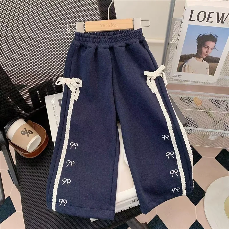 

Широкие брюки с бантом для девочек, весенне-осенние детские модные прямые брюки, новые детские эластичные повседневные спортивные штаны для детей 3-8 лет