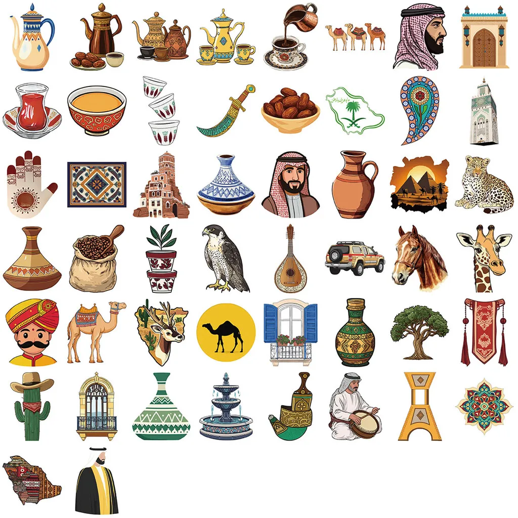 50枚入り 漫画風中東アート グラフィティステッカー - ギター、ノート、荷物用の鮮やかなDIYデコレーション AnimeWorlds Store