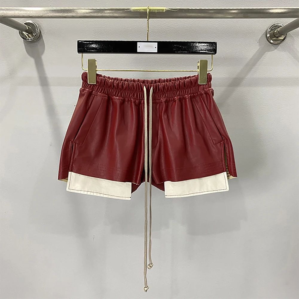 2024 Spring / Summer New Women\'s Shorts Y2k Pockets Exposed Elastic Waist Drawstring Tie Casual Commuter Hundred Leather Pants