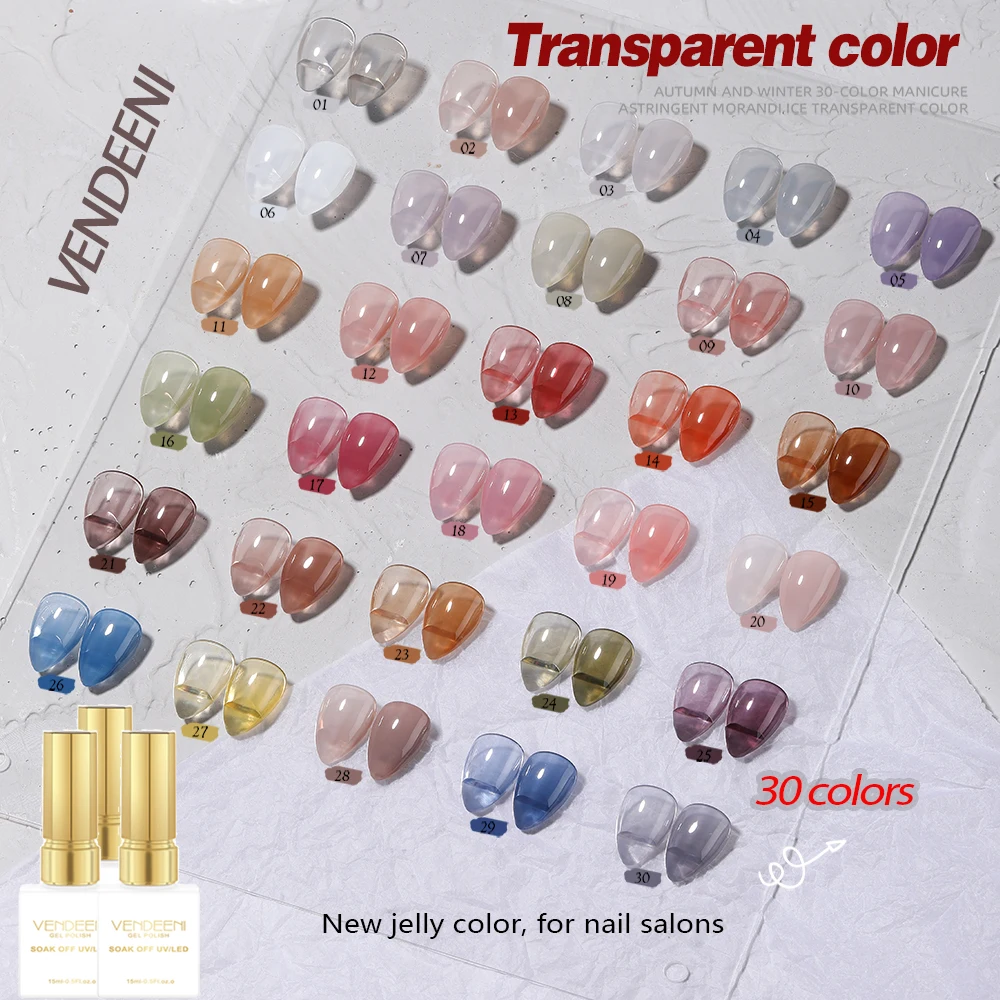 Vendeeni 30 Kleuren Doorschijnende Gelei Gel Nagellak Weken Van Uv Led Transparante Nude Huidskleur Nail Art Gel Manicure Vernis