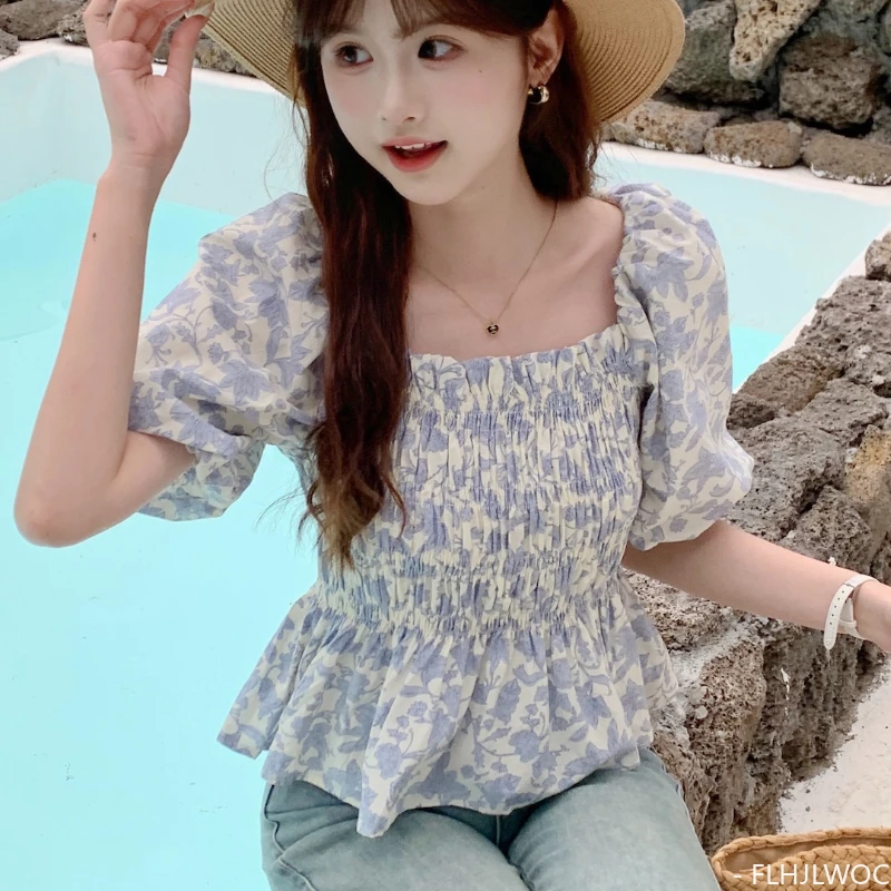 2024 Summer Korea Chic Short Crop Peplum Tops Blusas Fashion FLHJLWOC Design Floral Print Sexy Off Shoulder Women Blouses