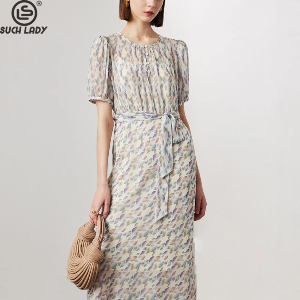 

100% Natural Silk Women's Dresses O Neck Short Sleeves Printed Lace Up Belt Fashion Casual Vestidos