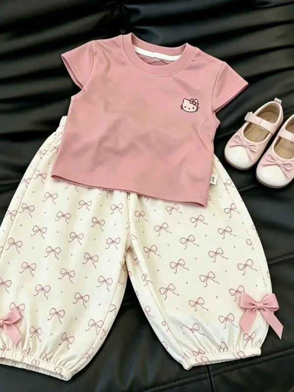

Summer New Loose Casual Short Sleeve Girls Baby Set Sweet Cuffed Nine Point Pants Two Piece Set Trendy High Waist Knot