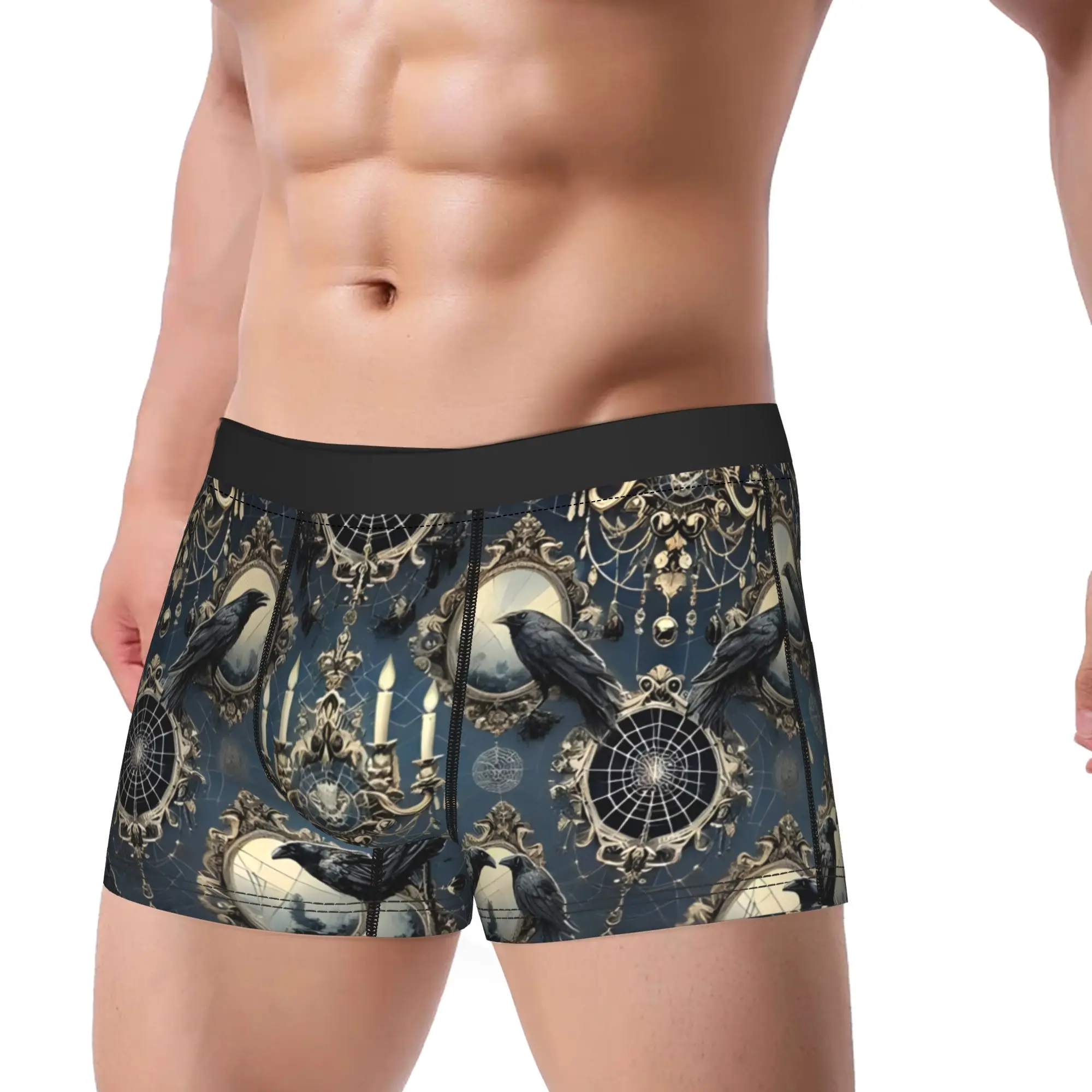 Gothic Raven Pattern Underpants Breathbale Panties Man Underwear Gothic Print Shorts Boxer Briefs