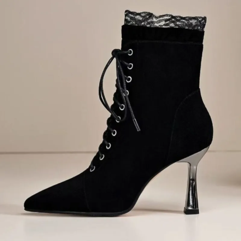 

High Heels Lace Pointed Toe Women Ankle Boots Fashion Lace Up Woman Shoes 2025 Suede Winter Short Boots Party New Pumps Zapatos