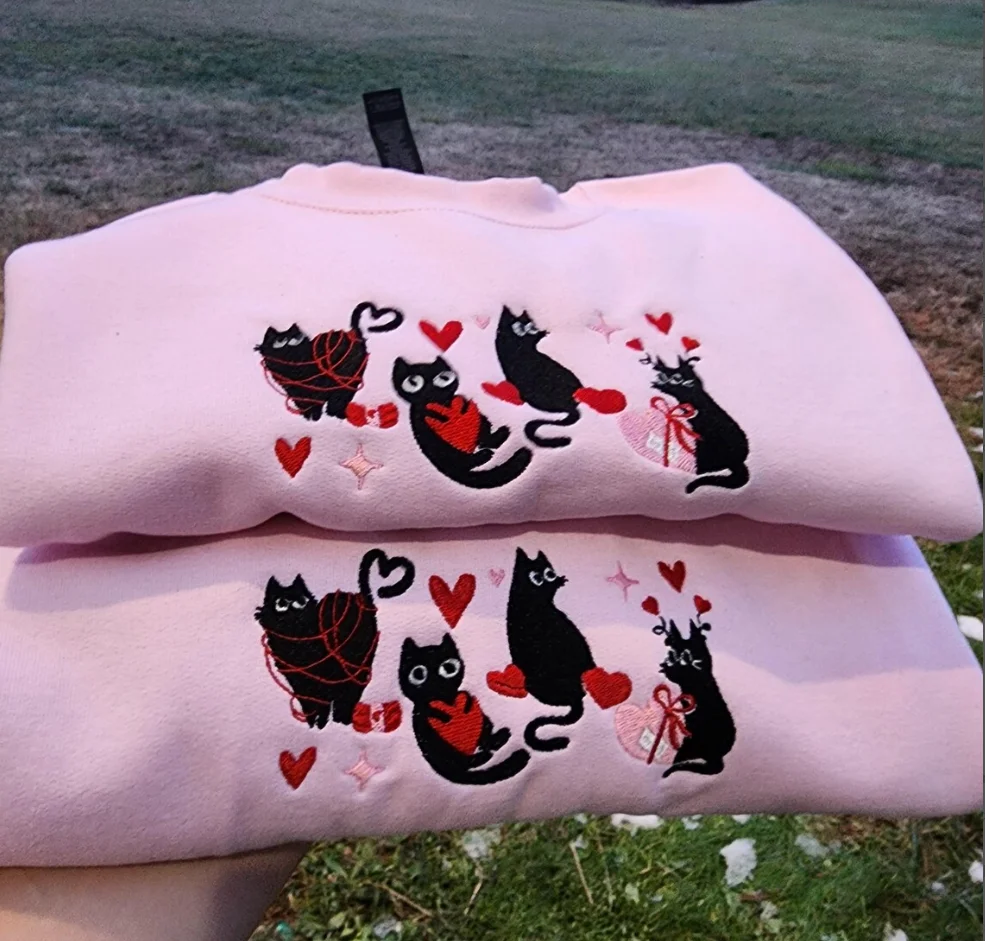 

Valentine Black Cat Embroidered Sweatshirt, Black Cat Love Shirts, Kitten Valentine Shirt, Cat Lover Gift, Heart Cat Hoodie