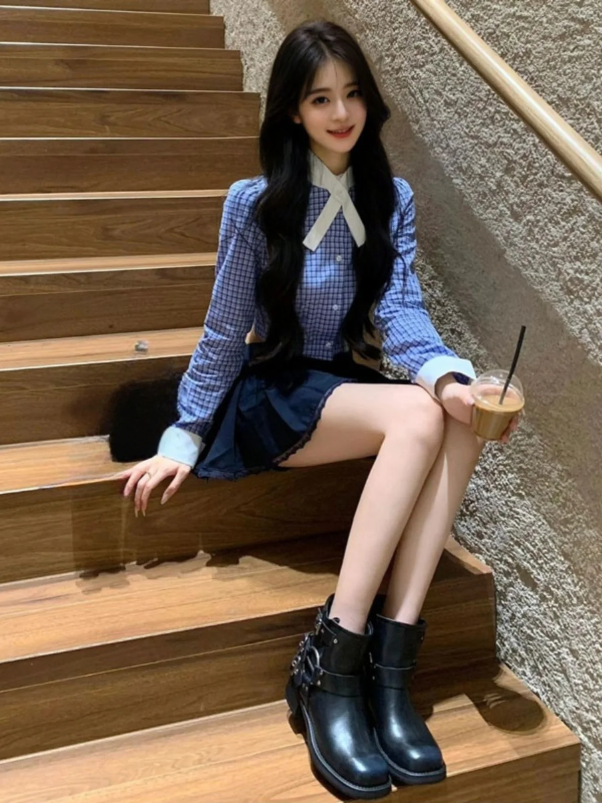 

Preppy Plaid irt And Skirt Set ort Sve Button up Cotton Blend Midi Dr Korean Sle Spring Faion College Look