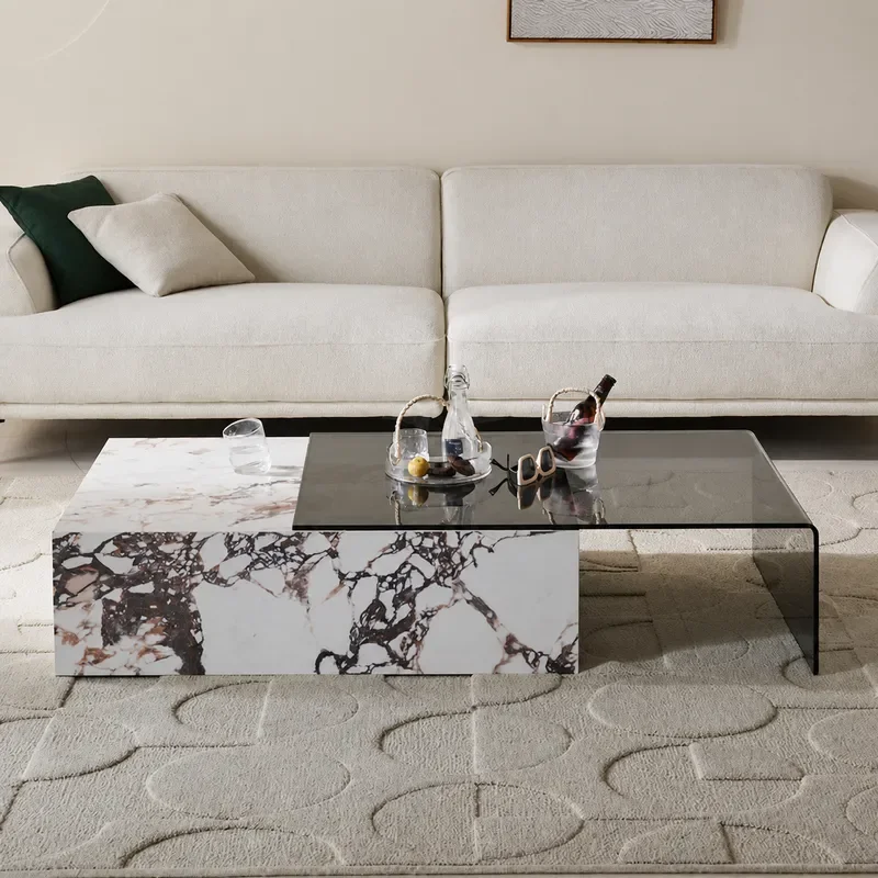 Italian Style Light Luxury Retractable Rock Slab Coffee Table High End Household Small Apartment Tempered Glass Coffee Table