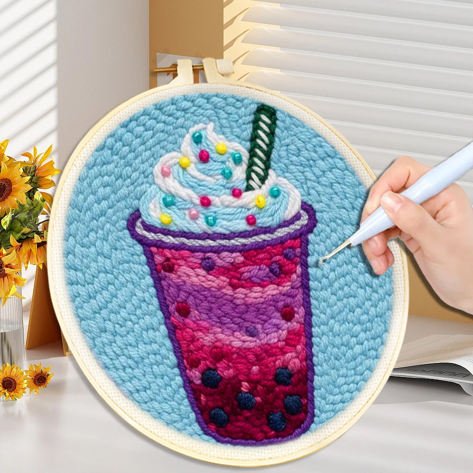 Cute Bubble Tea Punch Needle Kit For Beginners With Hoop Colorful Drink DIY Yarn Poke Embroidery Frame Craft Set Home Decor