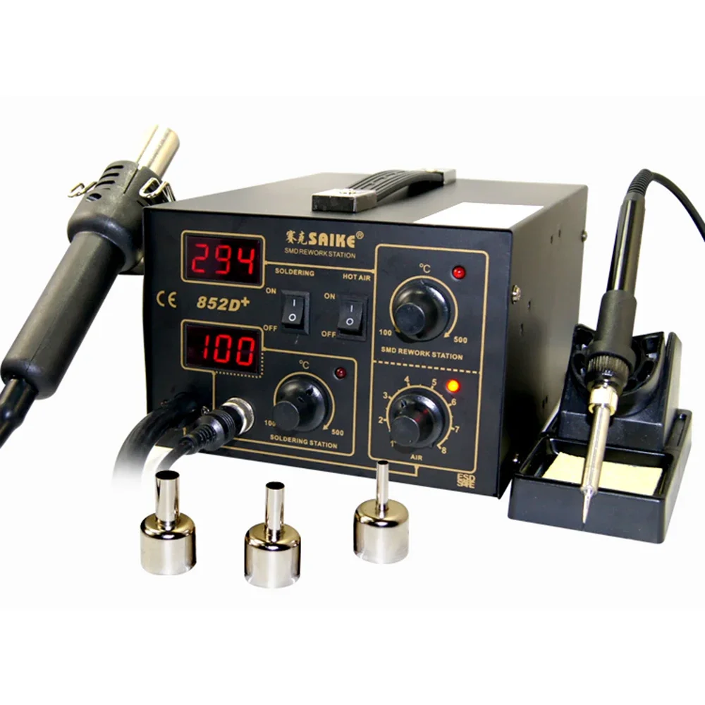 For SAIKE 852D++ Anti-Static 2 in 1 SMD Rework Station Hot Air Gun Soldering Station Desoldering Station 220V EU