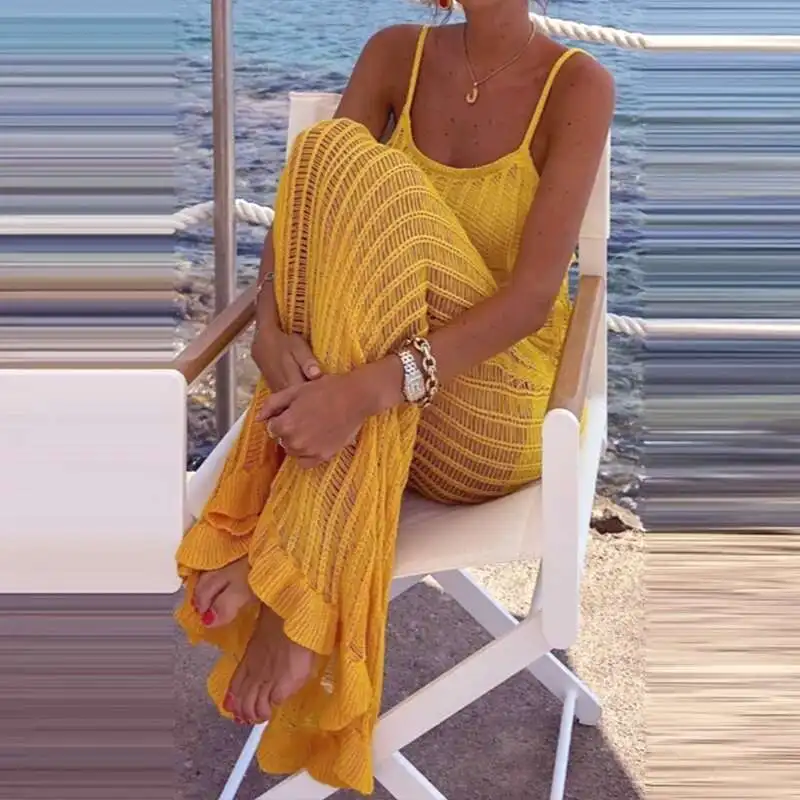Yellow Suspenders Beach Sexy Hollow Knitted Slim Fit Cover Up Long Dress Summer Vacation Women O Neck Sleeveless Swimsuit