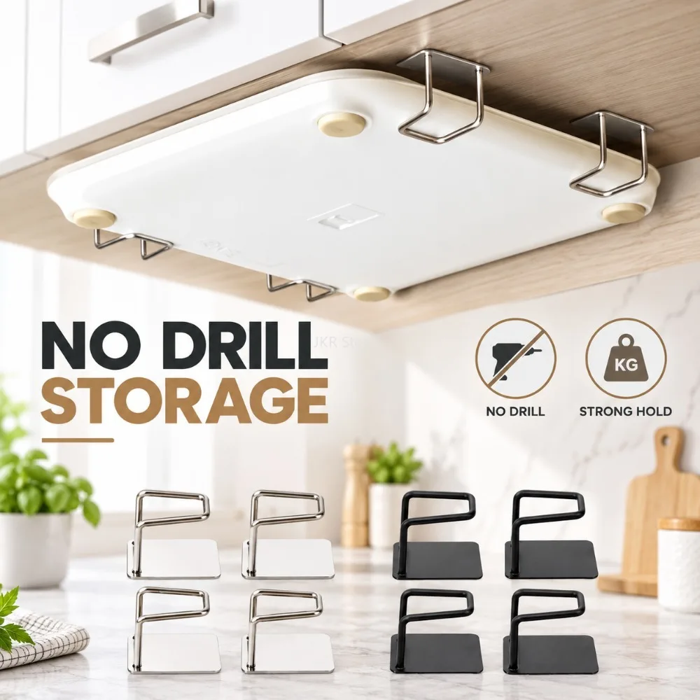 No Drill Kitchen Storage Rack 4/8Pcs Under Cabinet Cutting Board Holder Wall Mounted Organizer for Trays Lids and Boards