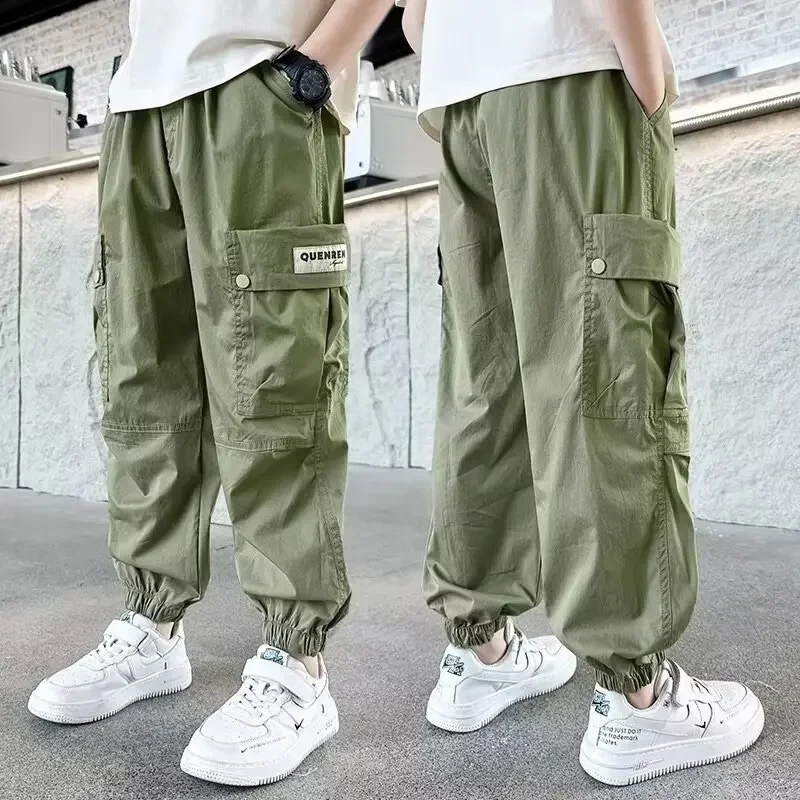 

Cotton Boy Cargo Pants Children Casual Green Sweatpants Three-dimensional High Visibility Sports Pants Children's Clothing 2024