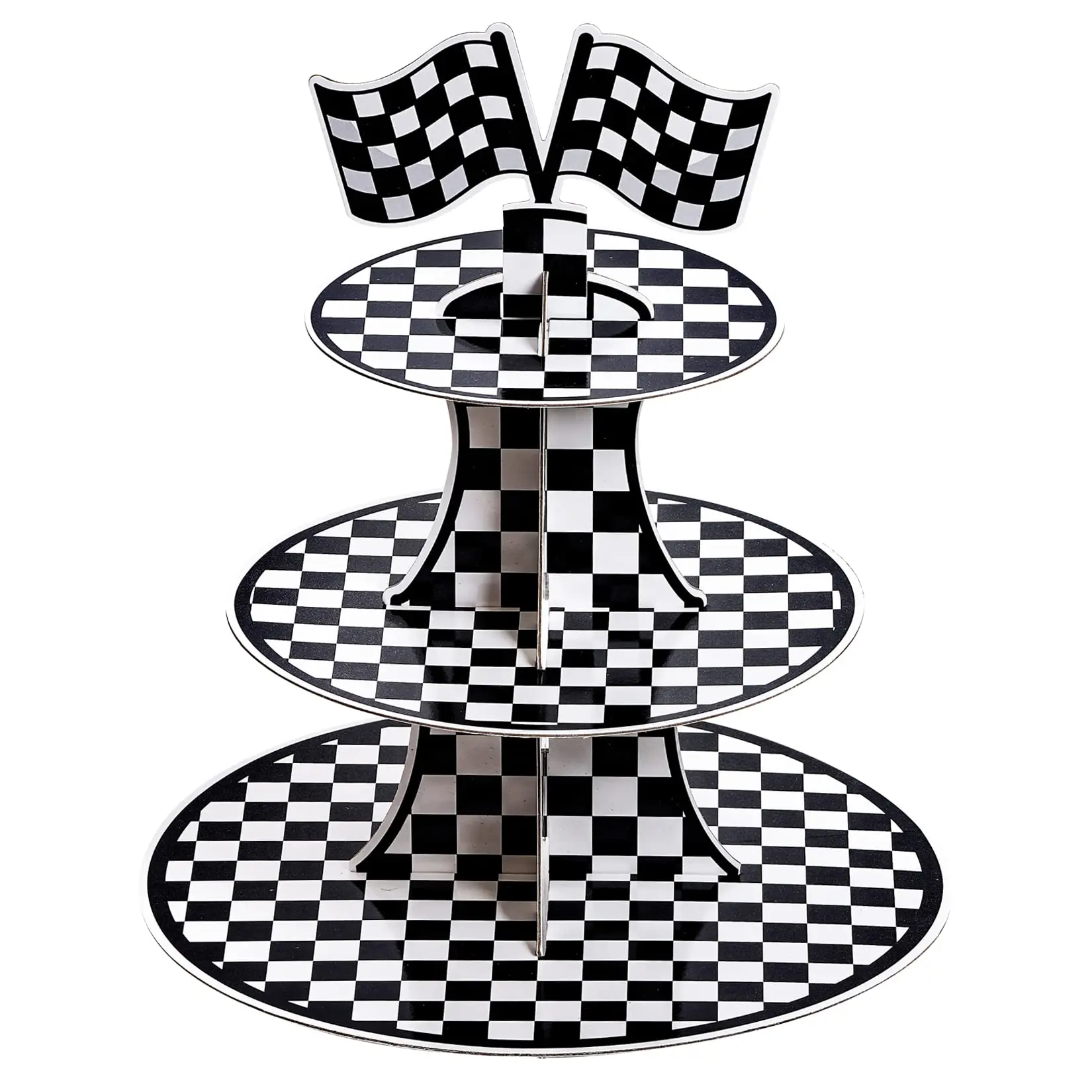 Racing Car Theme 3-Tier Round Cardboard Cupcake Stand for 8-12 Cupcakes Birthday Party Supplies Black and White Checkered Decora