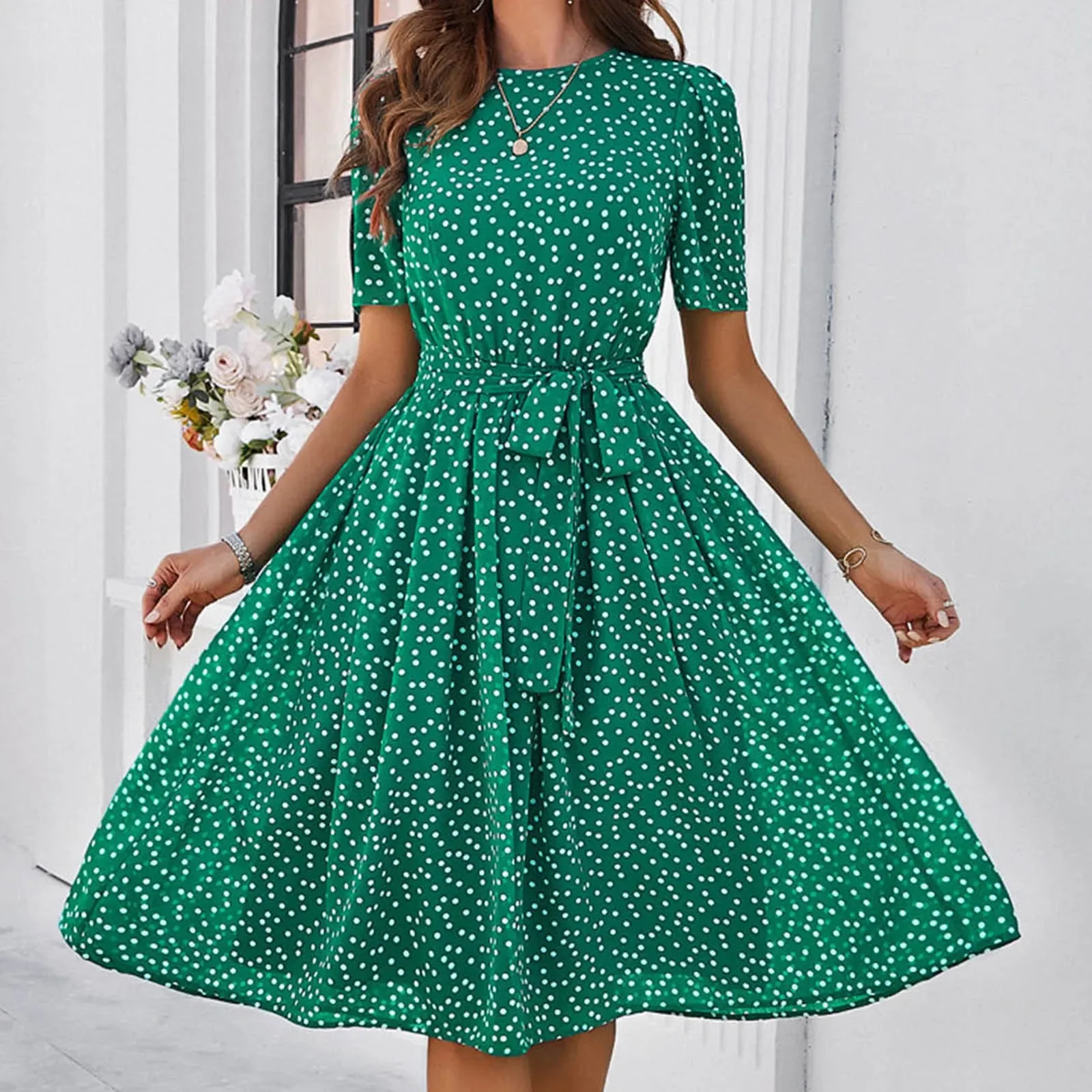 

Fashion Dot Printed Pleated A Line Long Dress Women 2024 Spring Summer Short Sleeve High Waist Chic Dress Vestido Robe