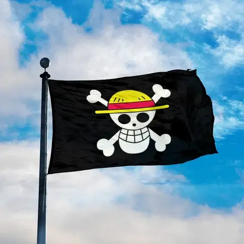 One Piece FLAG Maykey D. Ruffy Totenkopf-Flagge, 90 x 150 cm, Polyester-Strohhut, Piraten, Trompete, Banner, Flagge, Heimdekoration