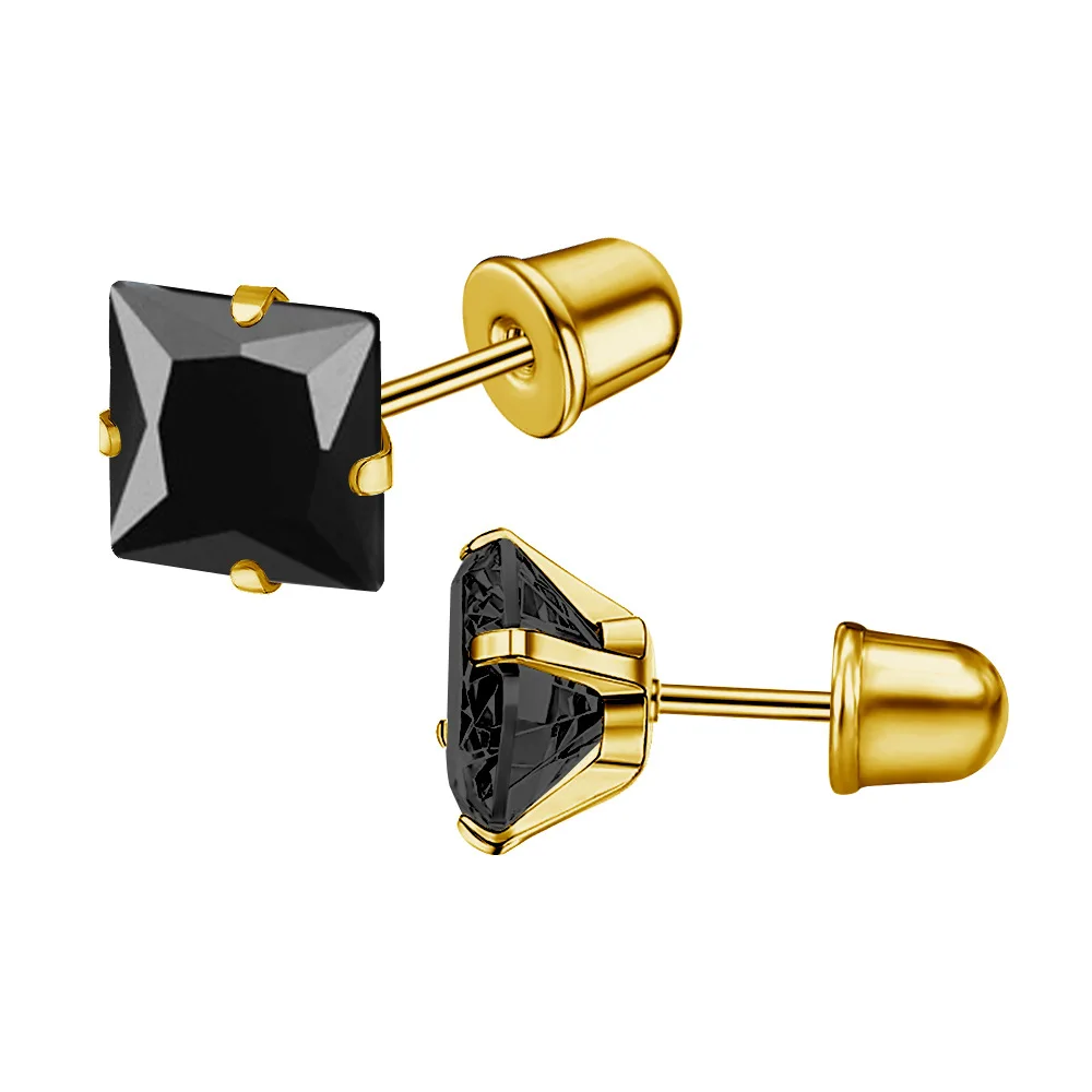 00098 Hochwertige vergoldete Edelstahl-Ohrringe mit quadratischen Zirkonen, schlichtes Design, Ohrknorpel-Steck-Accessoire – Detail 3