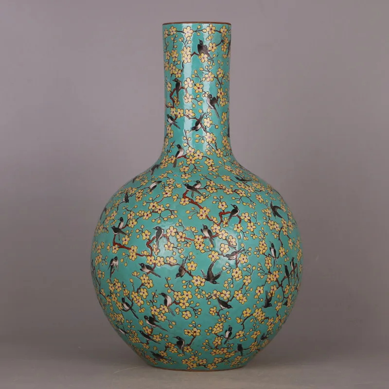 Chinese Qing Qianlong Famille Rose Magpie Plum Blossom Green Ground Globular Vase Imperial Style Reproduction Home Decor