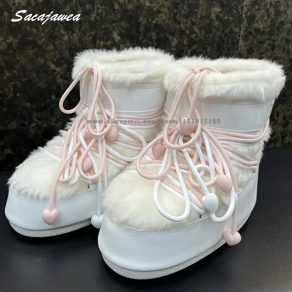 

Mixed Color Love Shoelaces Thick Sole Snow Boots Size 35-39 Casual Lady Boots Round Toe Platfrom Short Plush Lady Winter Boots