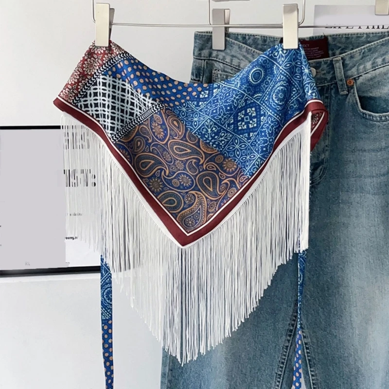 Printed Waist Scarf Belt for Women, Fringed Tie Wrap Polyester Fart Curtain with Fringe Trim for Dresses, Skirts, Travel