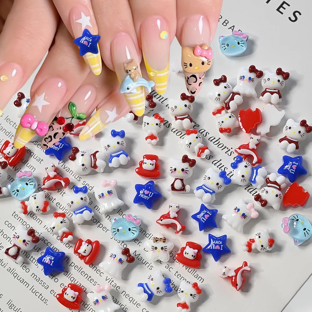 50 Uds. De dijes Kawaii de dibujos animados de gatito y gato para decoración de uñas, resina mixta de verano, lazo de leopardo de Hello Kitty, decoración de uñas, piezas de joyería para manicura
