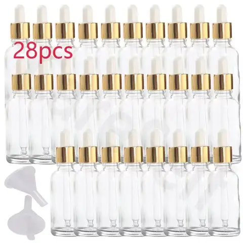28pcs 15/30/50ml Golden Empty Dropper Bottle Essential Oil Glass Bottle Refillable Aromatherapy with Funnel Glass Eye Dropper