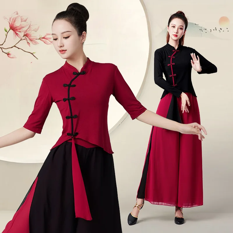 New women's square dance clothing set, Odair pipa medium and long-sleeved dancing clothes, chiffon dance practice clothes