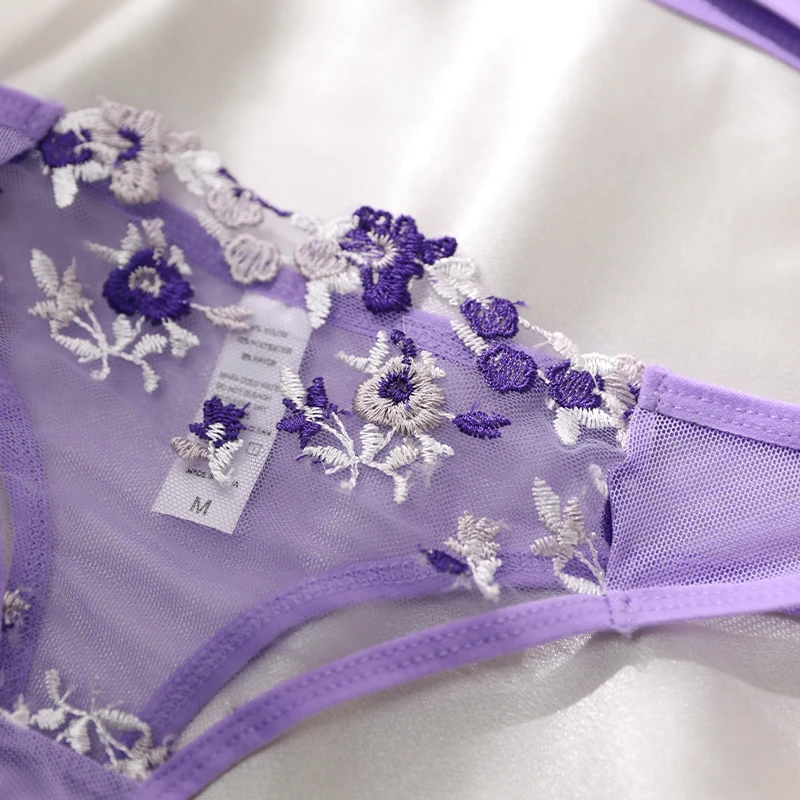 Purple Embroidery Sexy Lingerie Set Hot Semi-Sheer Temptation Bra And Panties Sets Fancy Erotic Sleepwear Beautiful Underwear