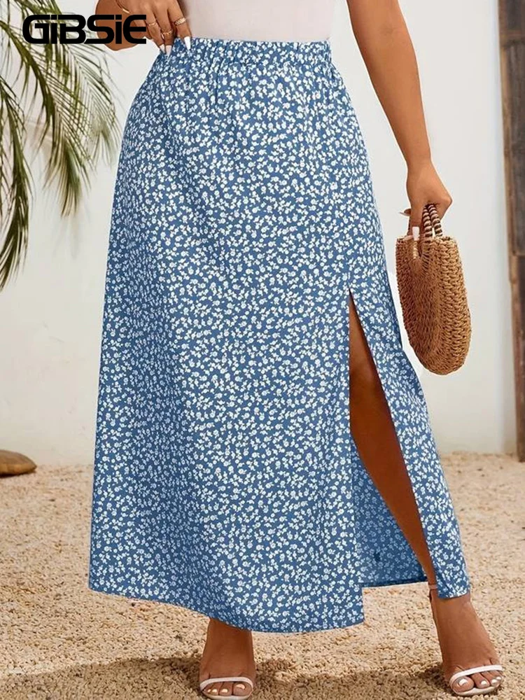 

GIBSIE Plus Size Ditsy Floral Split Long Skirts Women Summer Holiday Style High Waist Print Boho A-Line Skirt Female Bottoms