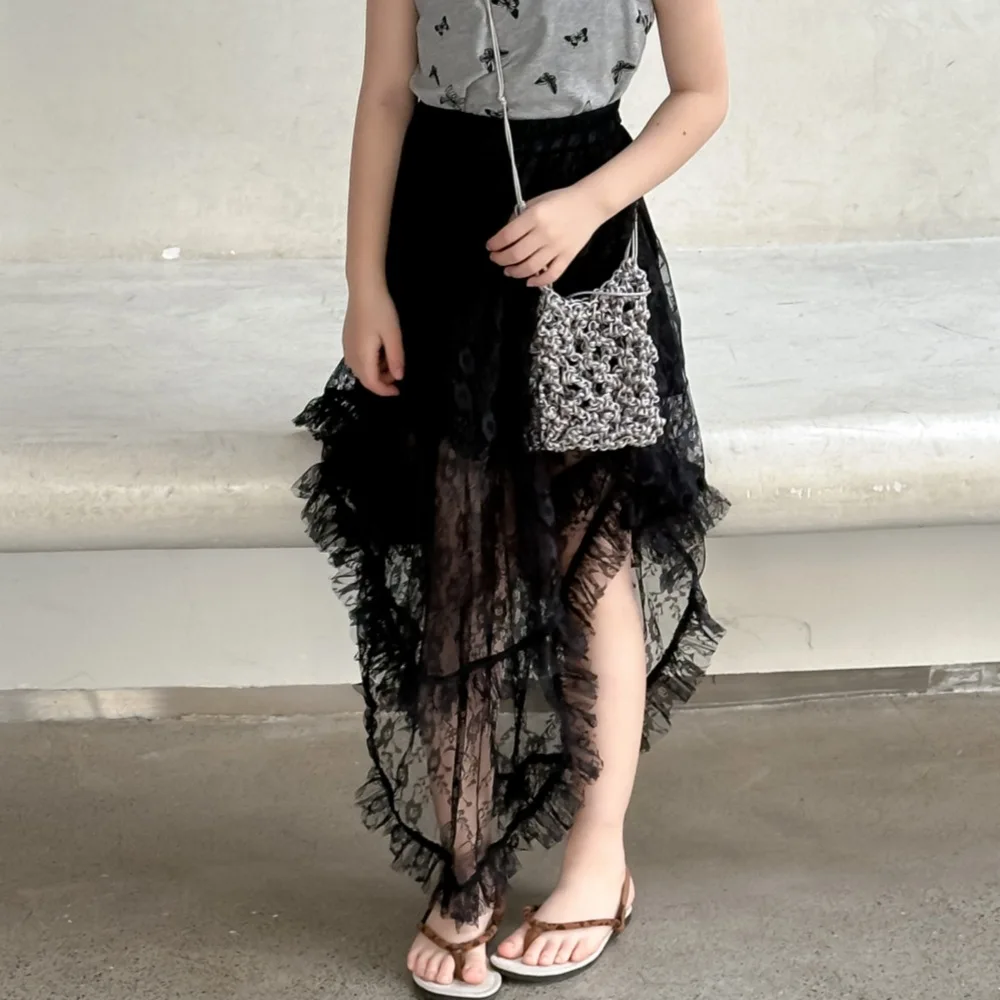 

Girl Skirt 2024 Summer Korean Casual Girls Irregular Gauze Dress Big Girl Treasure Black Half Lace Dress Girl Princess Skirt