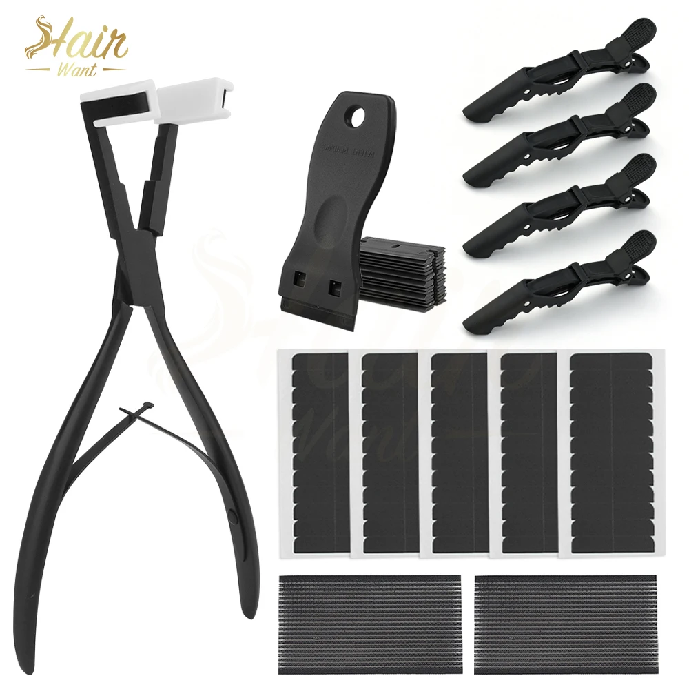 Hair Want Tape In Hair Extension Tool Kit Hair Sealing Pliers with 60Tabs Double Sided Replacement Tape Tape Remover Scraper Kit