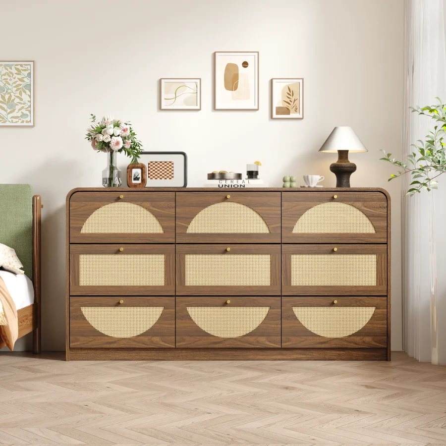 Walnut Finish 9‑Drawer Dresser with Rattan Front, Wide Particle Board Chest of Drawers, Modern Storage Cabinet for Bedroom Livi