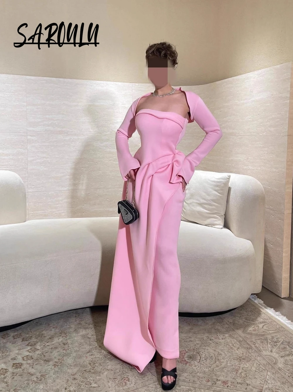

Abaya Pink Strapless Long Evening Dress With Detachable Sleeves Fashionable Ruched Bodycon Prom Gown For Night Out & Dating