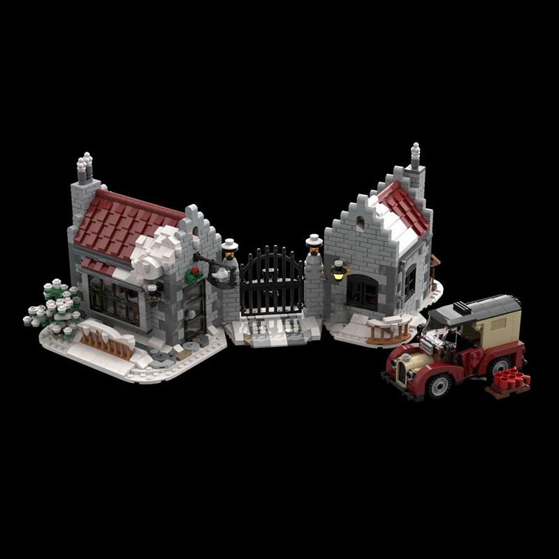 Street view modelo moc construção tijolos loja, cerâmica, van e portão tecnologia modular presentes feriado montar crianças brinquedos terno