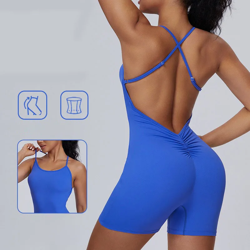 

Open Back Jumpsuit for Women Workout Gym Romper Padded Yoga Sets U Neck Gym Suits Backless Bodysuit Fitness Padded Gym Clothing