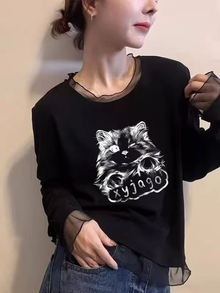 Fashionable Long Sleeve T-Shirt Women's Mesh Lace under Shirt Korean Style Autumn Winter New Arrival Slimming Top Commute Style