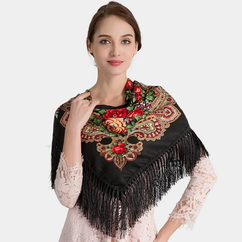 Oversized Square Shawls Women Cotton Print Floral Pashmina Classical Tassels Mujer Bufanda Russian Style Scarf Capes Soft Chal